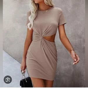 Shein Nude Tan Shirt Y2K Boho Elegant Cut-Out Dress Twist Front Festival Mini